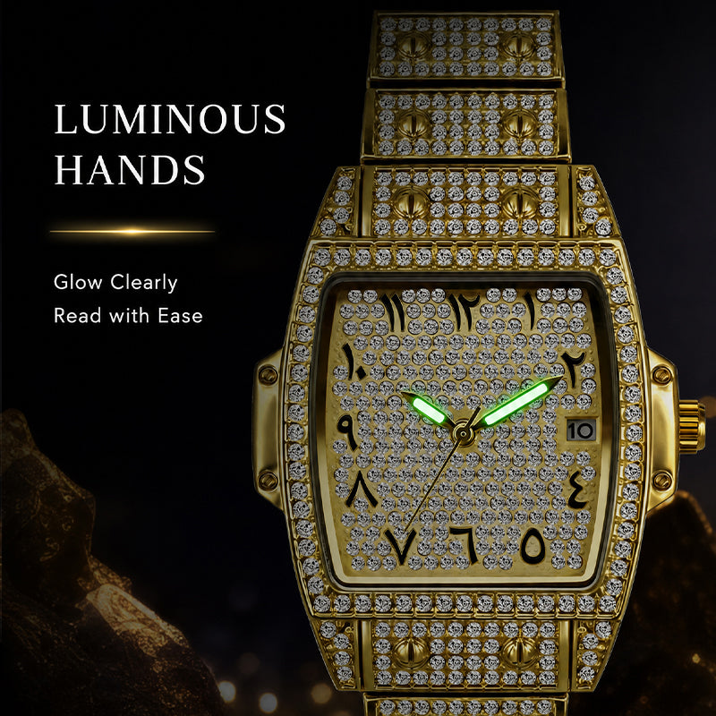 BELBI BELBL-8246 Live Edition Men's Iced Out Watch - Luxury Full Crystals Encrusted Tonneau Case Pave Dial Eastern Arabic Numerals 3H Date Metal Band Hiphop Wristwatch