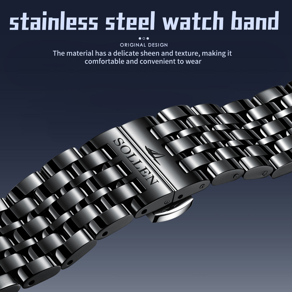 Sollen 9020 Automatic Watch - Men's Dual Calendar Sunray Dial Executive Stainless Steel Bracelet or Genuine Leather Strap Wristwatch