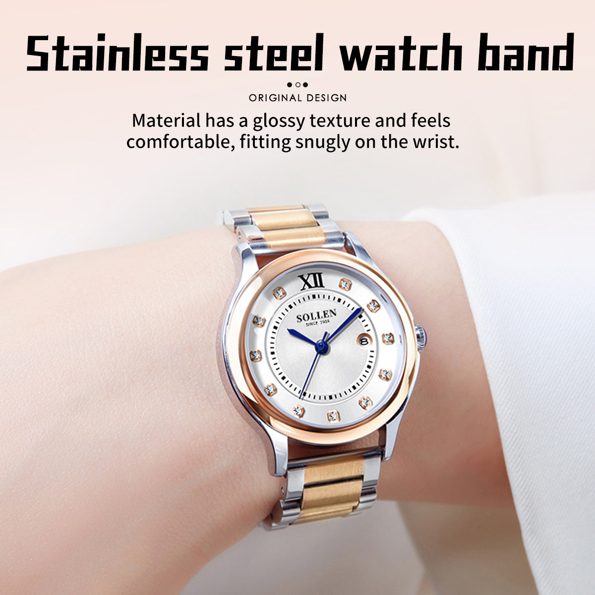 Sollen SL469 Women's Quartz Watch - 33mm Dial 11 Zirconia Markers Blue Sword Hands Two-Tone Stainless Steel Bracelet Wristwatch