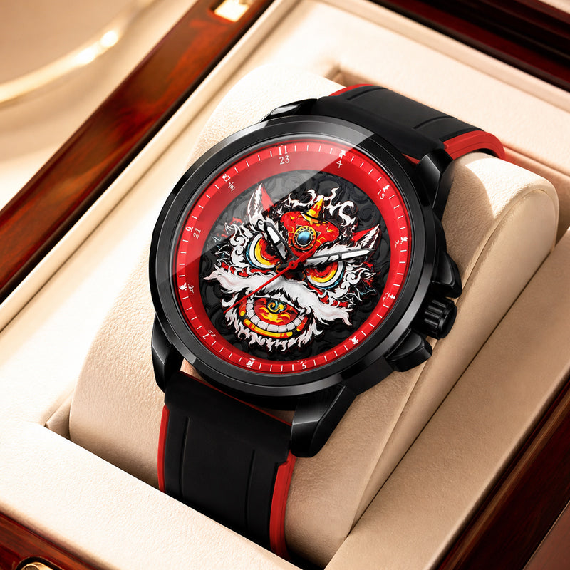 WLS6158 Quartz Watch - Live Edition Men's Streetwear 43mm Black Case Chinese Lion Dance Cultural Dial Luminous Facing Sport Silicone Elastic Woven Strap Wristwatch