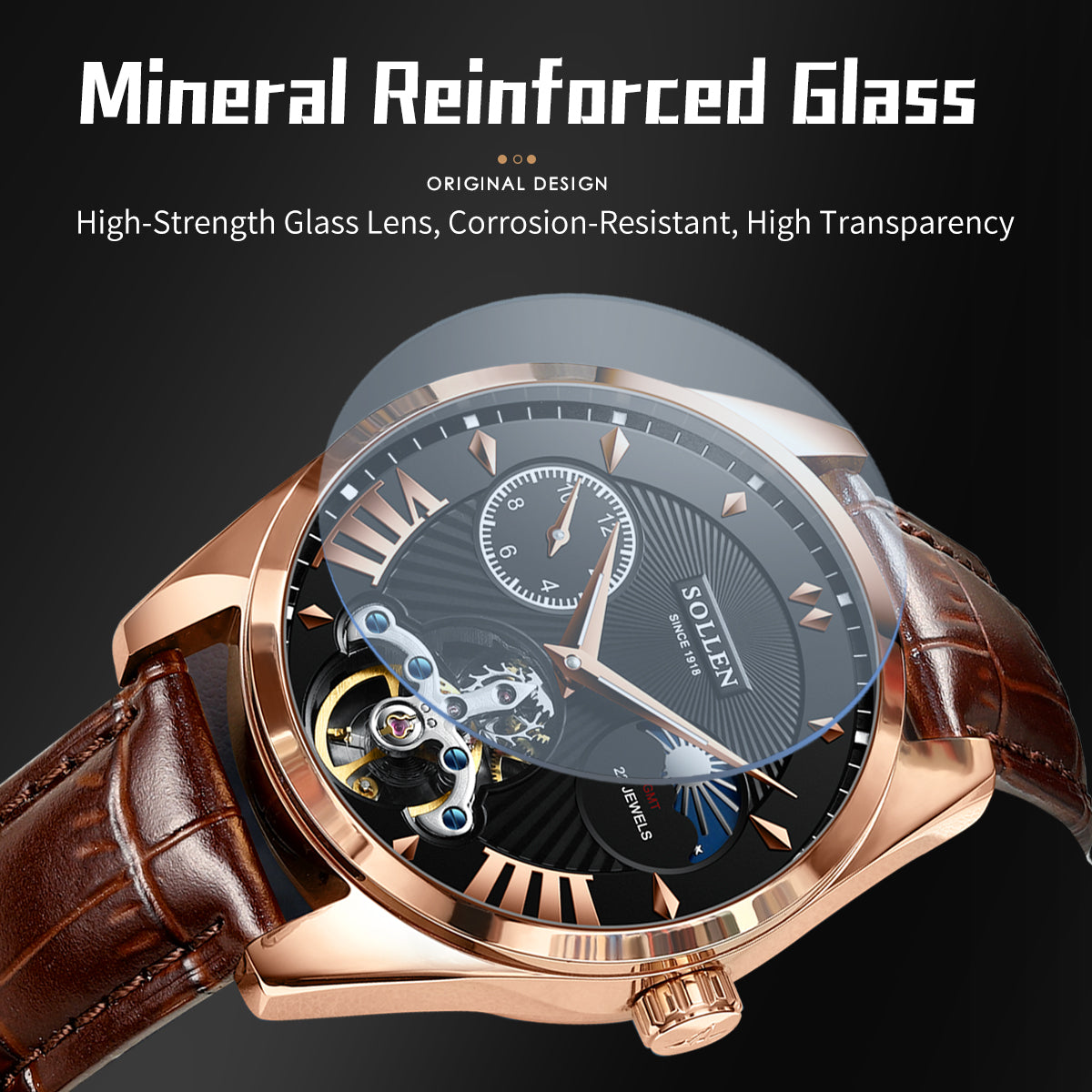 Sollen SL302 Men's Open Heart Automatic Mechanical Watch - 41mm Stainless Steel Case Moon Phase Dual Time Sunburst Dial Wristwatch