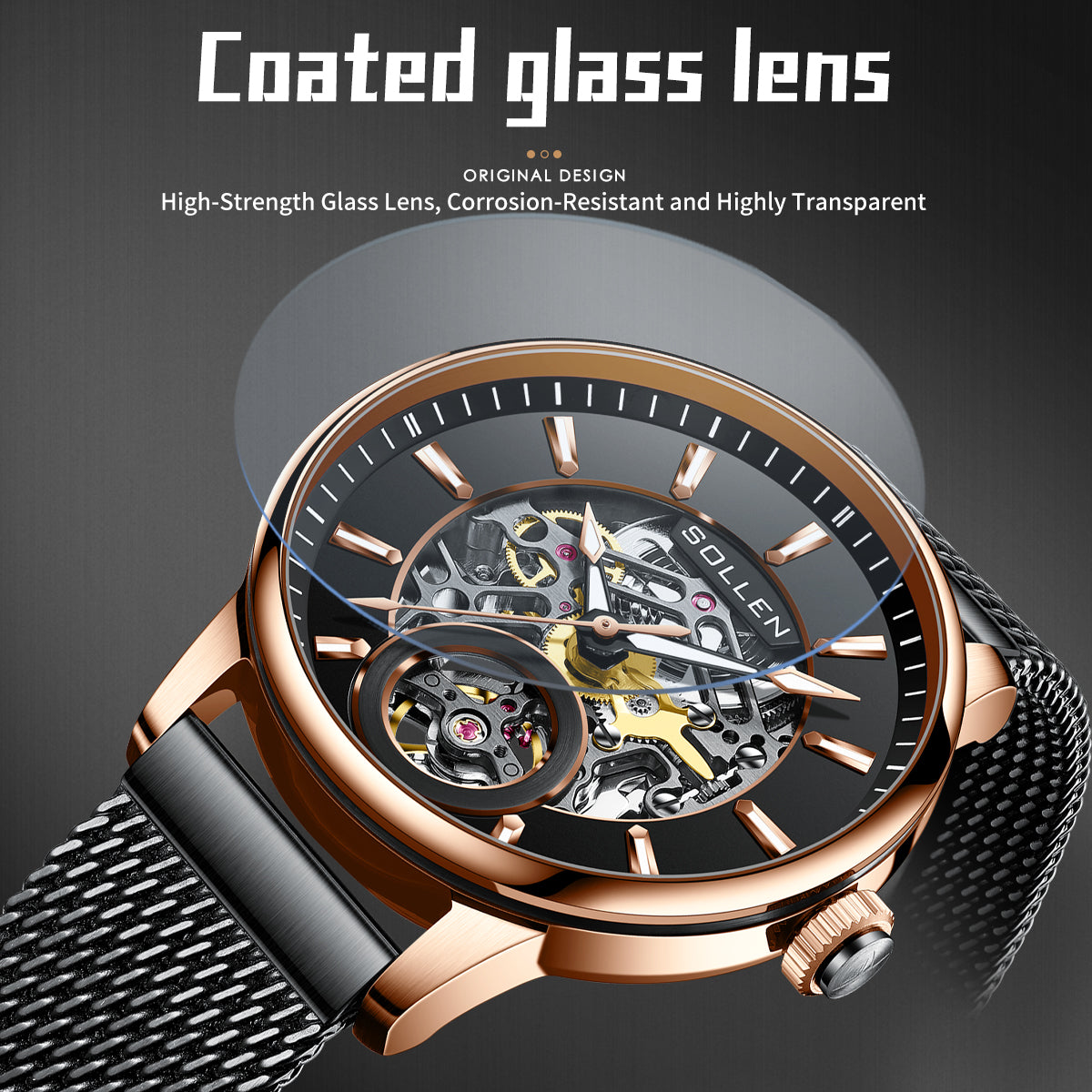 Sollen SL208 Men's Full Skeleton Automatic Mechanical Watch - 42mm Stainless Steel Case Frosted Open Dial Luminous Hands Wristwatch