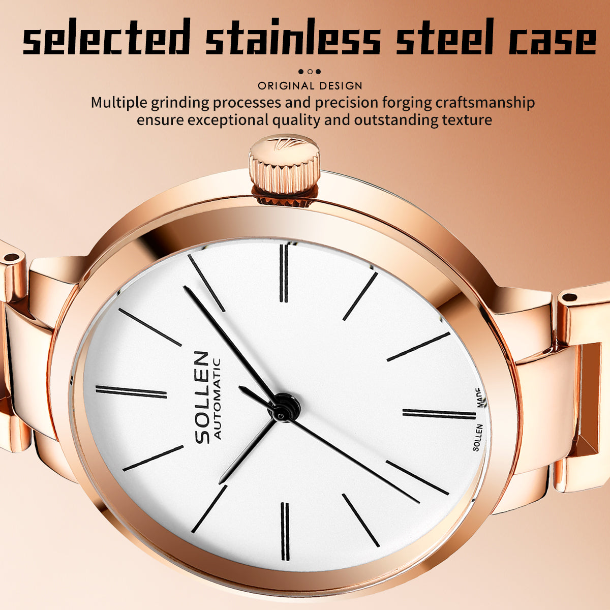 Sollen SL409 Women's Minimalist Automatic Mechanical Watch - 34mm Crystal Bezel Sandblasted Dial Stainless Steel Bracelet Wristwatch