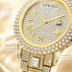 KDW KDW2386 Live Edition Men's Luxury Iced-Out Quartz Watch - 43mm Full Crystal Bezel & Bracelet Arc 12H Day 3H Date Roman Numeral Dial Metal Wristwatch