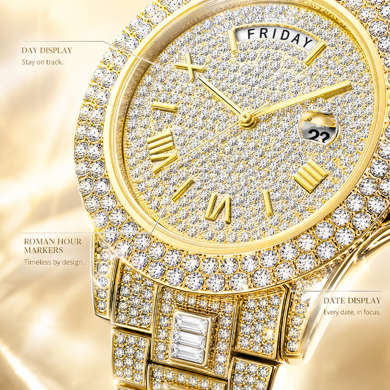 KDW KDW2386 Live Edition Men's Luxury Iced-Out Quartz Watch - 43mm Full Crystal Bezel & Bracelet Arc 12H Day 3H Date Roman Numeral Dial Metal Wristwatch