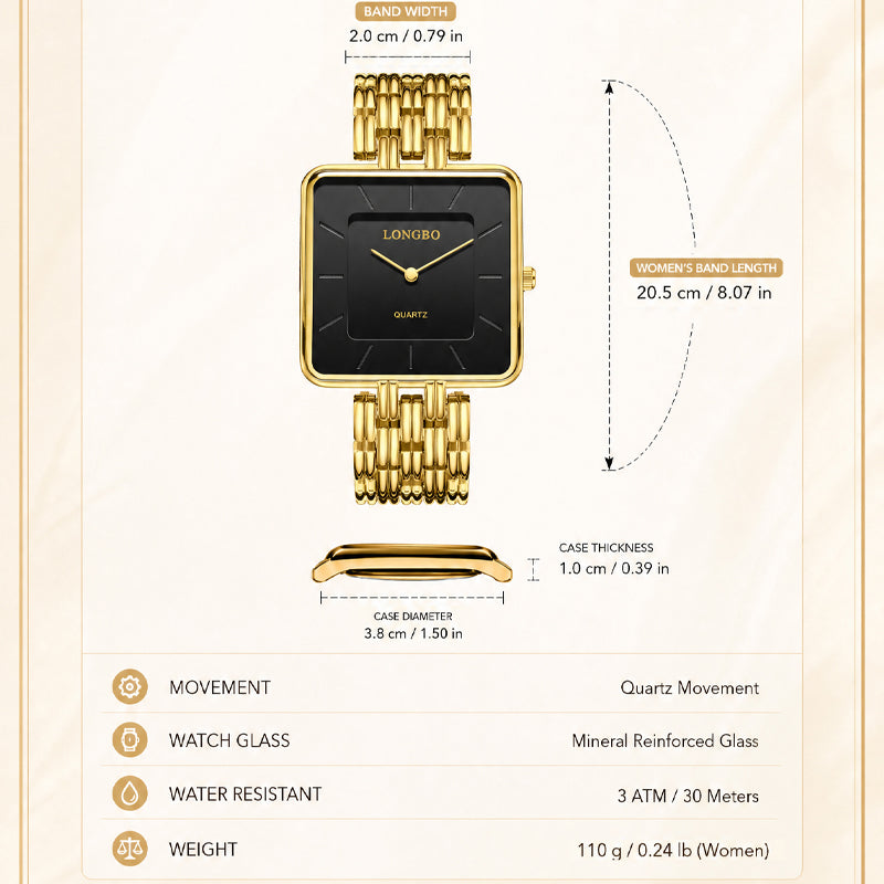 LONGBO LB83810 Quartz Watch - Live Edition Men's & Women‘s Minimalist 38mm Square Case 2-Hand Dress Timepiece Full IPB Gold Finish Multi-Bead Steel Link Bracelet Wristwatch