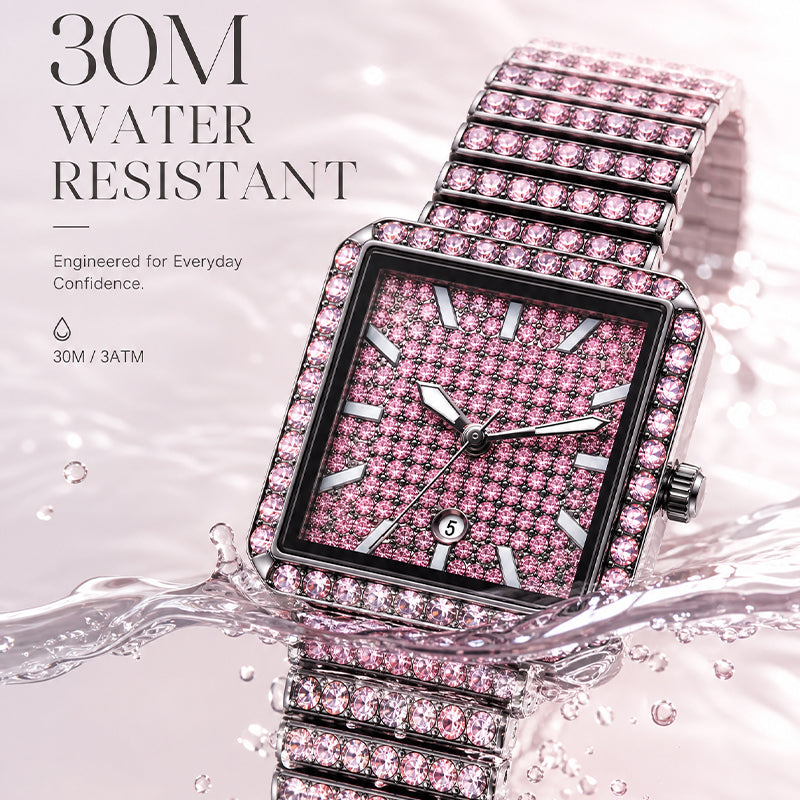 KDW KDW2410 Quartz Watch - Live Edition Luxury Full IPG Gold Crystal Pavé Square Case Iced-Out 20mm Link Bracelet Wristwatch