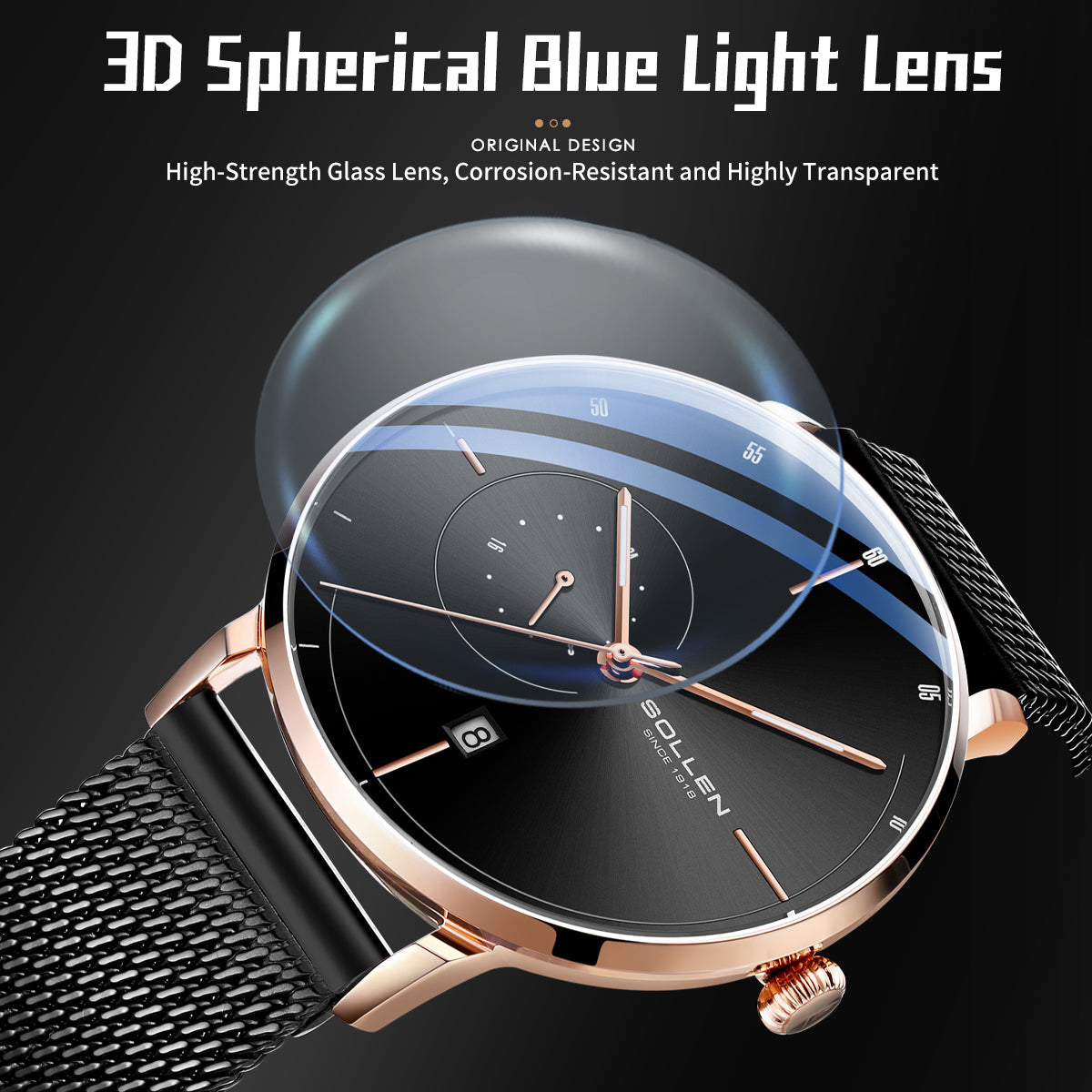 Sollen SL305 Men's Minimalist Automatic Mechanical Watch - 42mm Stainless Steel Case Slim 9.9mm 24H Subdial Date Window Wristwatch
