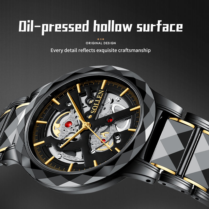 Sollen SL207 Men's Slim Quartz Watch - 39mm Faceted Ceramic & Stainless Steel Case Open Skeleton Dial Bracelet Wristwatch