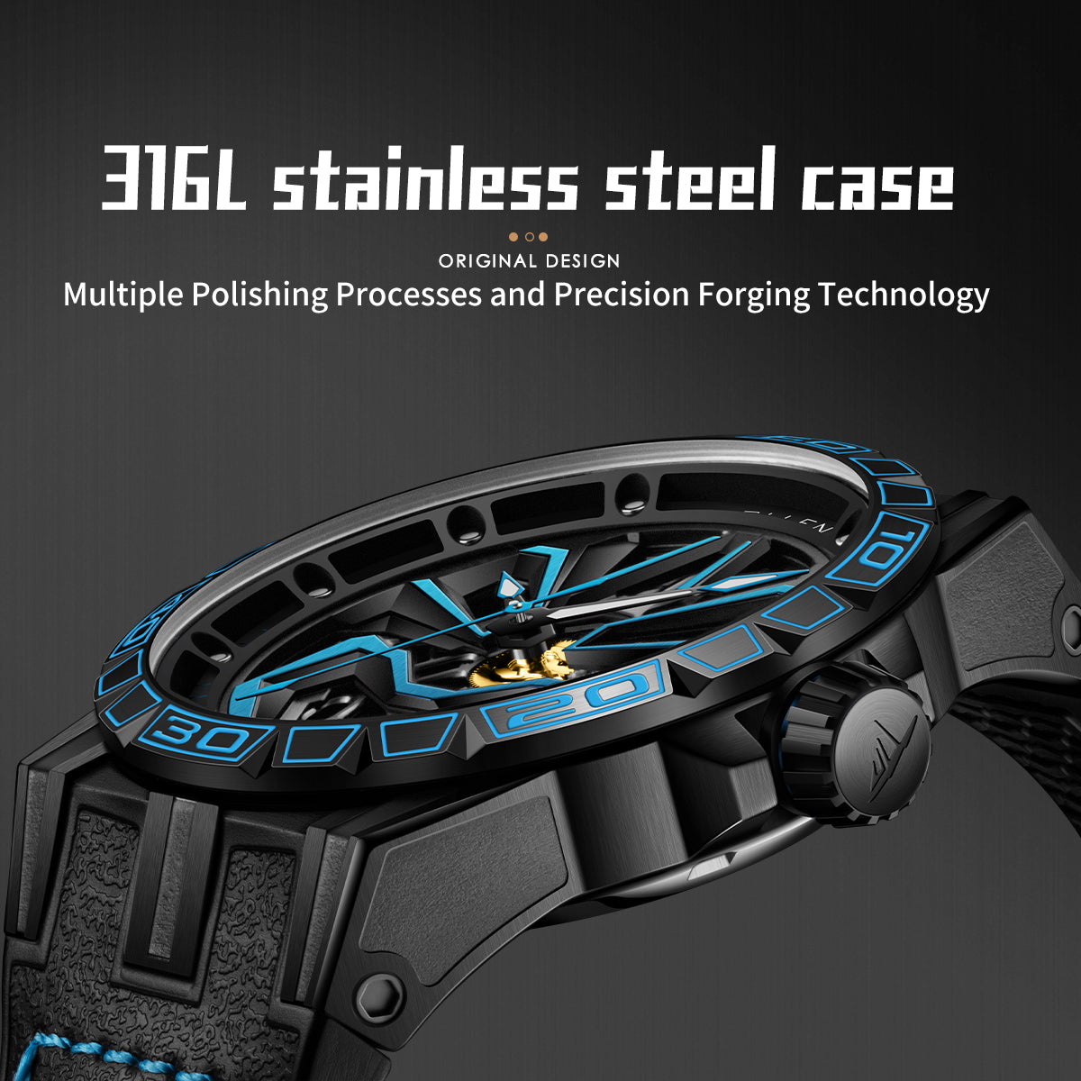Sollen SL328 Men's Skeleton Automatic Mechanical Watch - 43mm 316L Stainless Steel Case Sapphire Crystal Multi-Layer Dial Leather-Pattern Silicone Strap Wristwatch