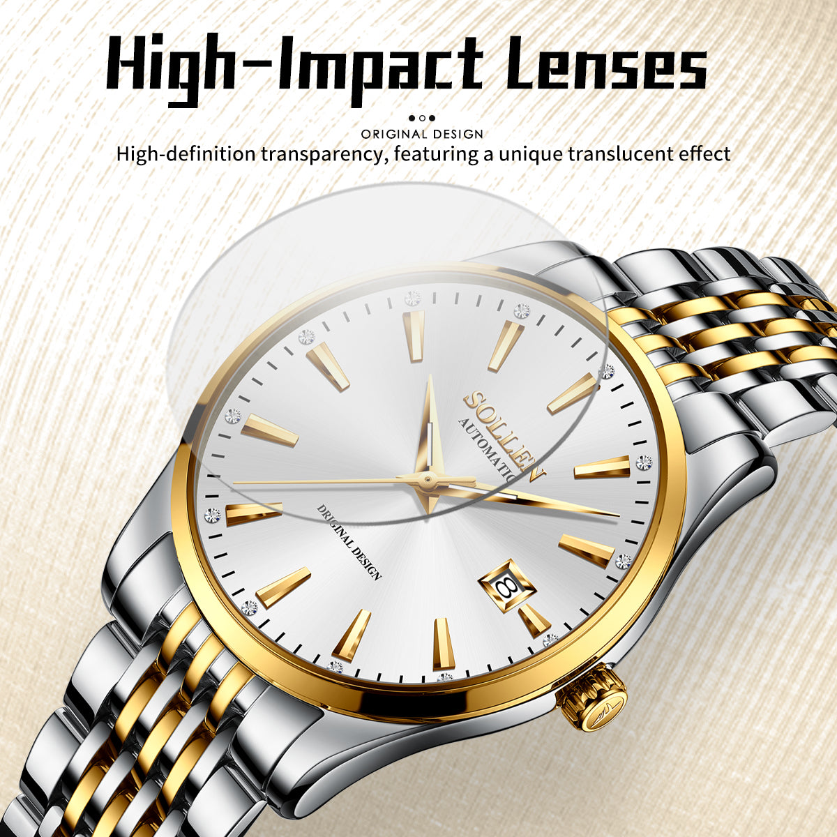 Sollen 9032 Automatic Watch - Men's Sunray Dial Luminous Dot Markers 9-Bead Stainless Steel Bracelet Wristwatch
