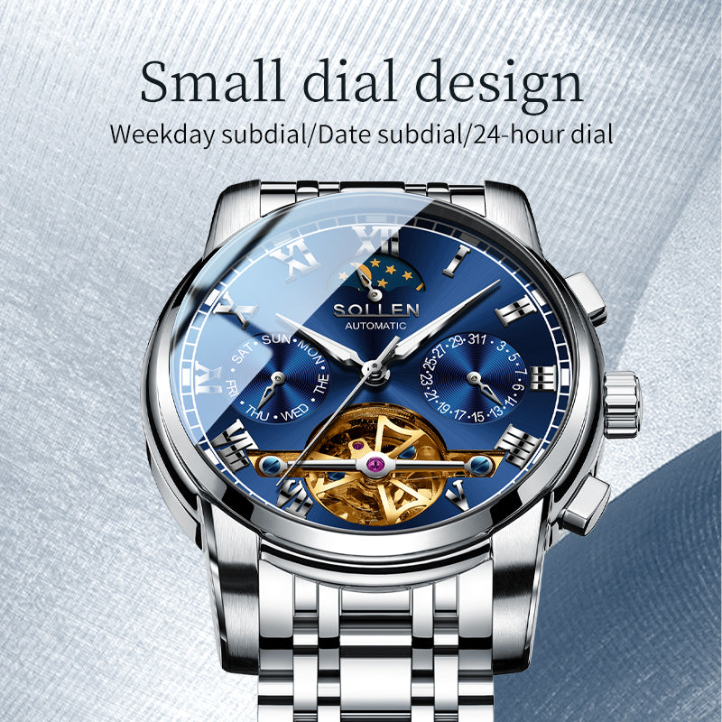 Sollen SL804 Multi-Function Watch - Men's Open-Heart Moonphase Sunburst Dial 7-Bead Stainless Steel Bracelet Wristwatch