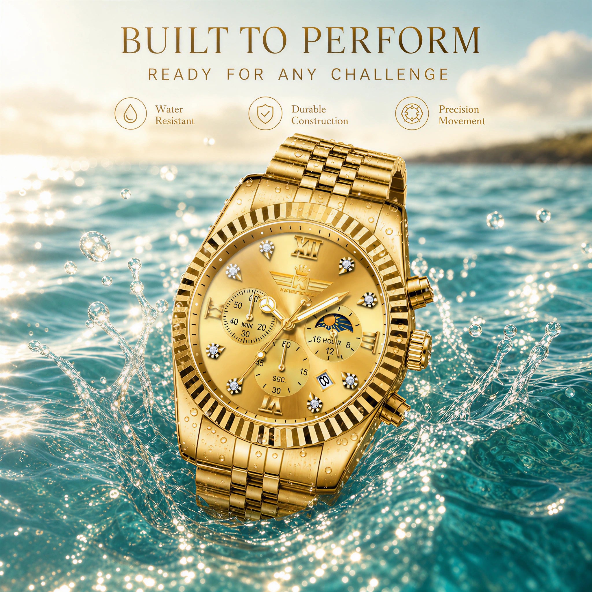 KINGNUOS DDM197 Live Edition Men's Luxury Fluted Bezel Chronograph Quartz Watch - 43mm Gold Case Sun & Moon Phase Multi-Subdial 4:30 Date Jubilee Bracelet Wristwatch