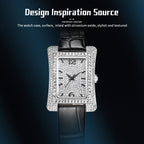 Sollen SL432 Women's Tank Quartz Watch - 33x43mm Full Pave Crystal Dial Iced Out Genuine Leather Strap Wristwatch