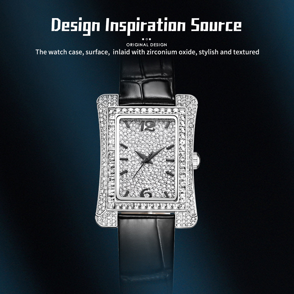 Sollen SL432 Women's Tank Quartz Watch - 33x43mm Full Pave Crystal Dial Iced Out Genuine Leather Strap Wristwatch