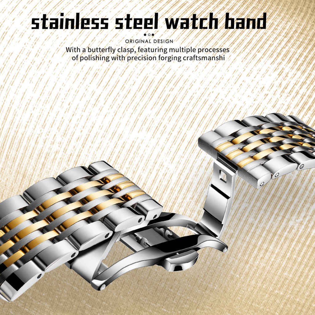 Sollen 9030 Automatic Watch - Men's Diamond-Set Dial Day Date 9-Bead Stainless Steel Bracelet Wristwatch