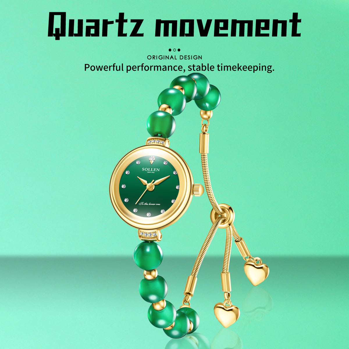Sollen SL475 Quartz Watch - Women's Gold Green Chalcedony Beaded Bracelet Genuine Diamond Wristwatch