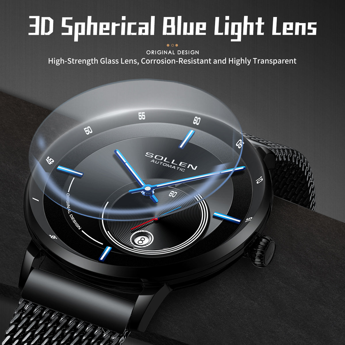Sollen SL309 Men's Minimalist Automatic Mechanical Watch - 42mm Stainless Steel Case Slim 9.9mm Small Seconds Date Window Mesh Bracelet Wristwatch
