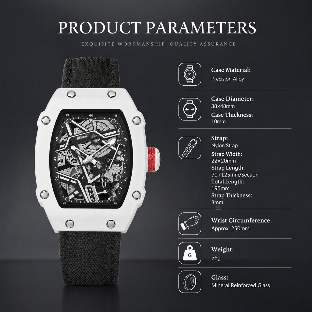 JEMSDUN JSD915 Live Edition Unisex High-Street Tonneau Quartz Watch - 38x48mm Carbon Pattern Case Mechanical Skeleton Dial Hook-and-Loop Nylon Strap Wristwatch