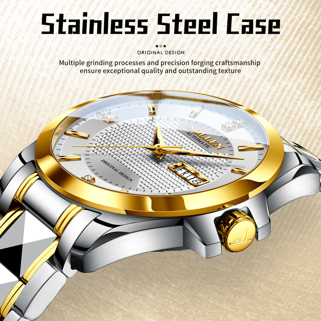 Sollen 9087 Automatic Watch - Men's Dress Citizen 8205 Grid Dial Day Date Crystal Luminous Marker 7-Bead Steel Bracelet Wristwatch