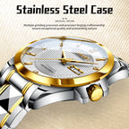 Sollen 9087 Automatic Watch - Men's Dress Citizen 8205 Grid Dial Day Date Crystal Luminous Marker 7-Bead Steel Bracelet Wristwatch