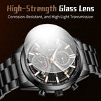 Sollen SL725 Chronograph Watch - Men's All-Black Case Multi-Function Stainless Steel Link Bracelet Wristwatch