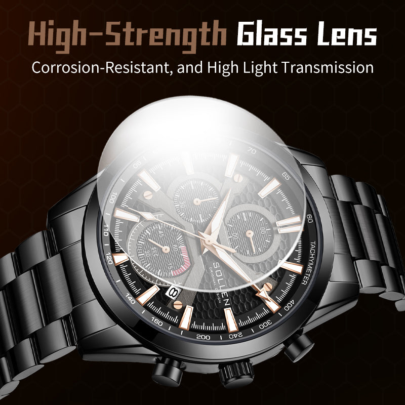 Sollen SL725 Chronograph Watch - Men's All-Black Case Multi-Function Stainless Steel Link Bracelet Wristwatch