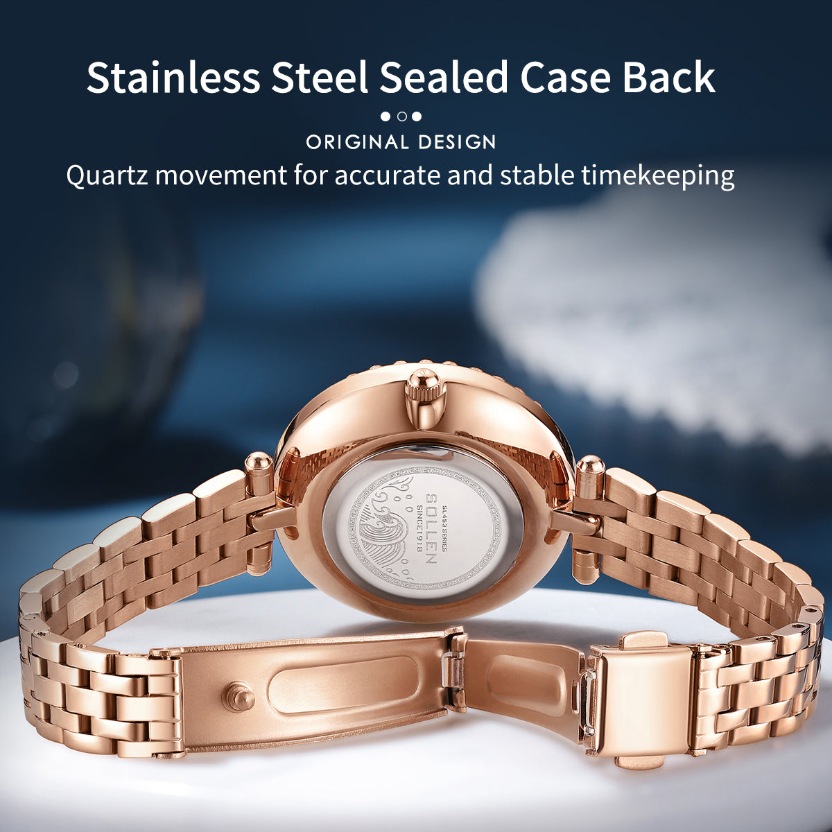 Sollen SL453 Quartz Watch - Women's Stainless Steel Link Bracelet Celestial Dial with Moving Stars