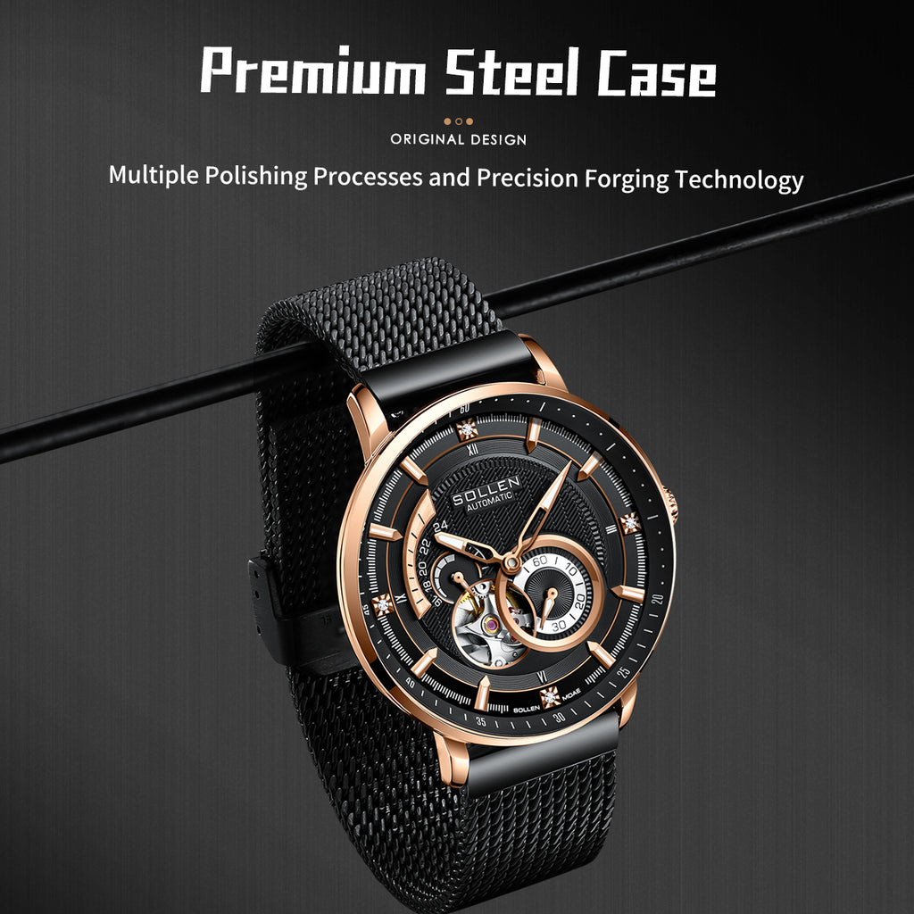 Sollen SL356 Men's Real Diamond Open Heart Automatic Watch - 42mm Stainless Steel Case Slim 9.9mm Sapphire Crystal Miyota Movement Bracelet Wristwatch