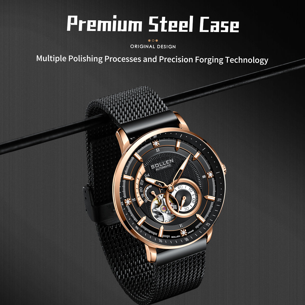 Sollen SL356 Men's Real Diamond Open Heart Automatic Watch - 42mm Stainless Steel Case Slim 9.9mm Sapphire Crystal Miyota Movement Bracelet Wristwatch