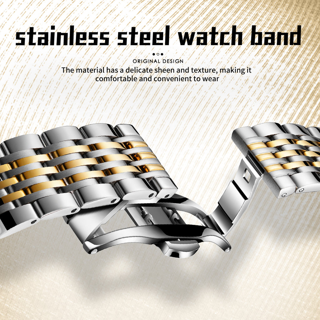 Sollen 9008 Automatic Watch - Men's Sunray Dial Slim Profile 9-Bead Stainless Steel Bracelet Wristwatch
