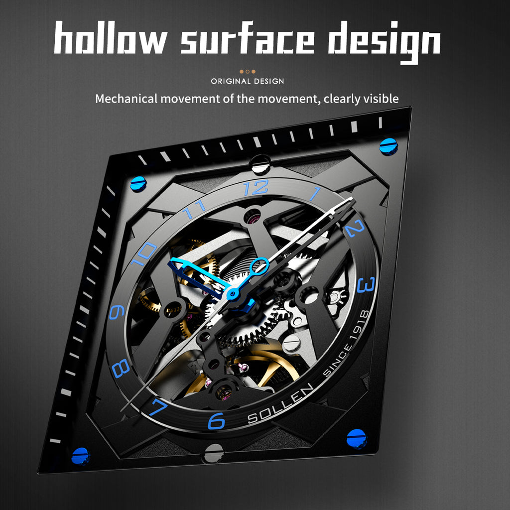 Sollen SL205 Men's Square Skeleton Automatic Mechanical Watch - 35x38mm Stainless Steel Case Sapphire Crystal Open Dial Fluororubber Strap Wristwatch