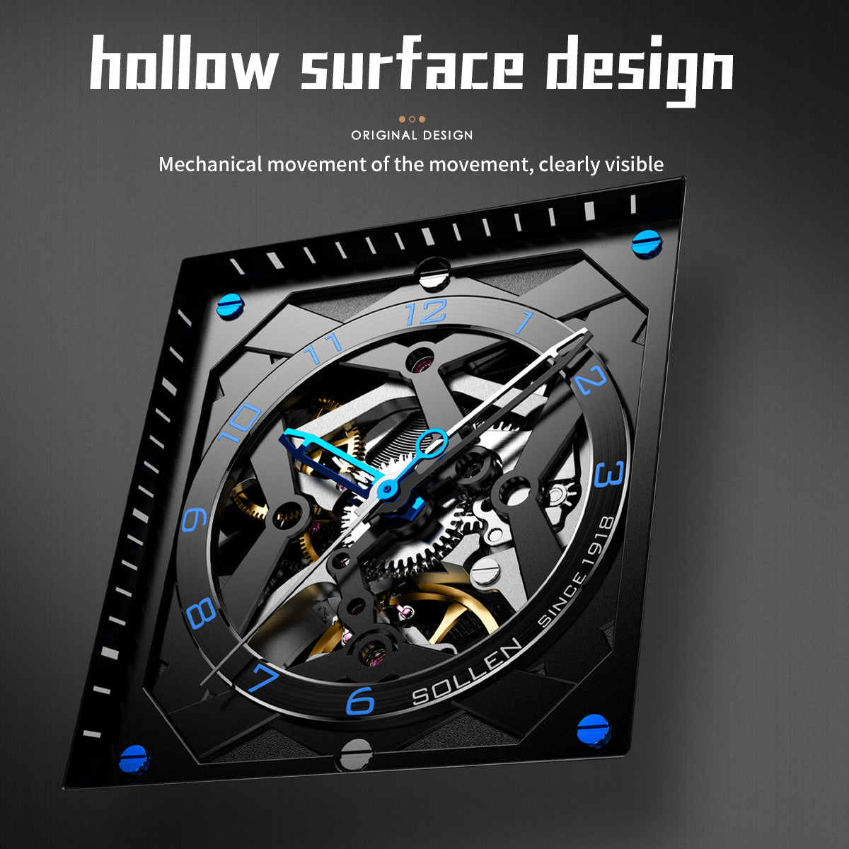 Sollen SL205 Men's Square Skeleton Automatic Mechanical Watch - 35x38mm Stainless Steel Case Sapphire Crystal Open Dial Fluororubber Strap Wristwatch