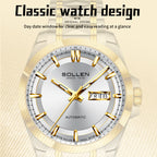 Sollen 9085 Automatic Watch - Men's Dress Citizen 8205 Sunray Dial Day Date 13 Luminous Marker 7-Bead Steel Bracelet Wristwatch