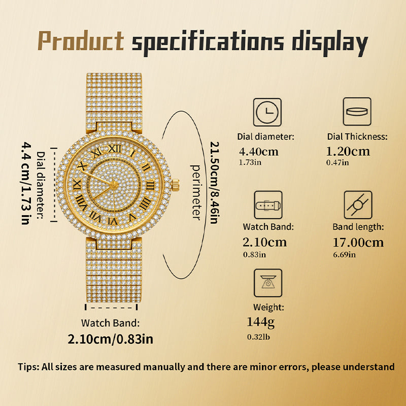 MISSFOX V377L Live Edition Men's Fully Iced Out Quartz Watch - 44mm Case Roman Numerals Pave Diamond Dial Coated Glass Metal Band Wristwatch