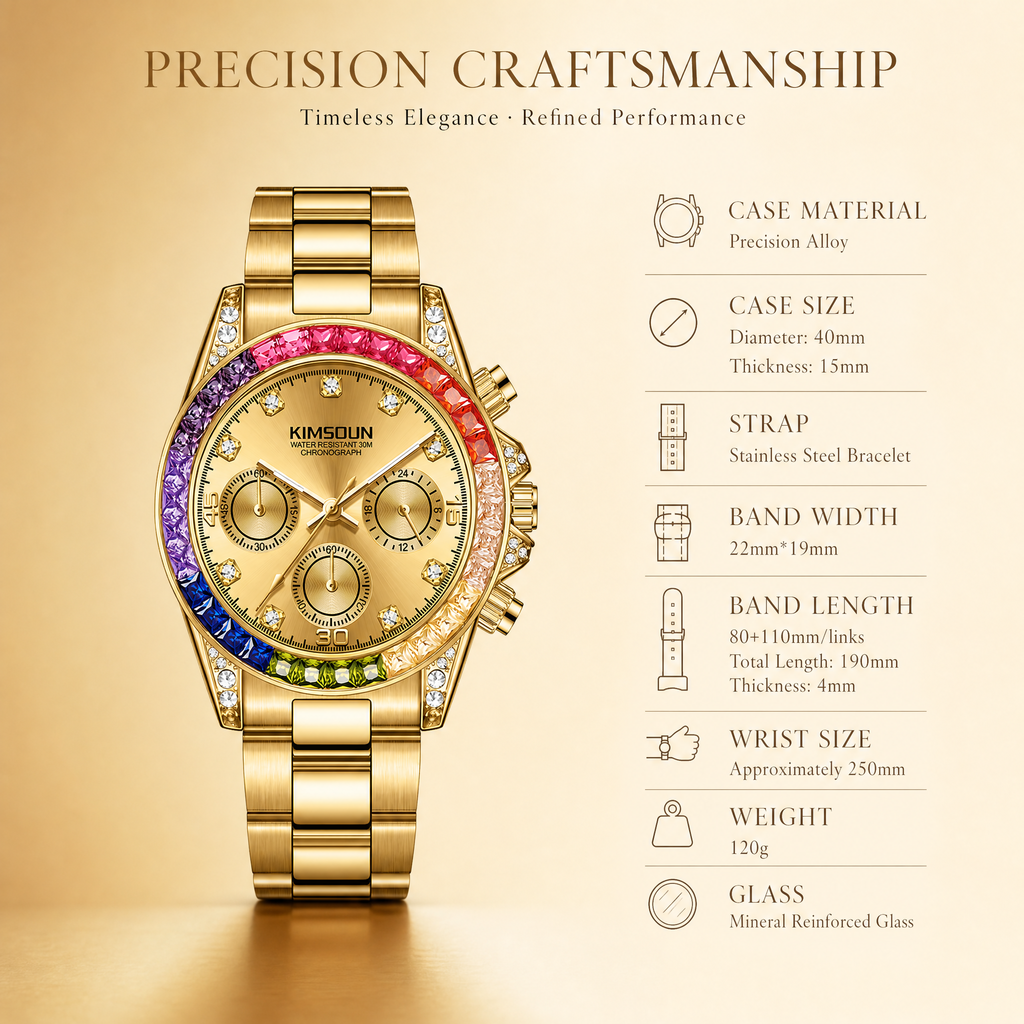 JEMSDUN JSD1838 Live Edition Men's Rainbow Daytona Style Chronograph Quartz Watch - 40mm Gold Case Rainbow Baguette Crystal Bezel Black Dial Metal Band Wristwatch