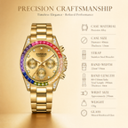JEMSDUN JSD1838 Live Edition Men's Rainbow Daytona Style Chronograph Quartz Watch - 40mm Gold Case Rainbow Baguette Crystal Bezel Black Dial Metal Band Wristwatch
