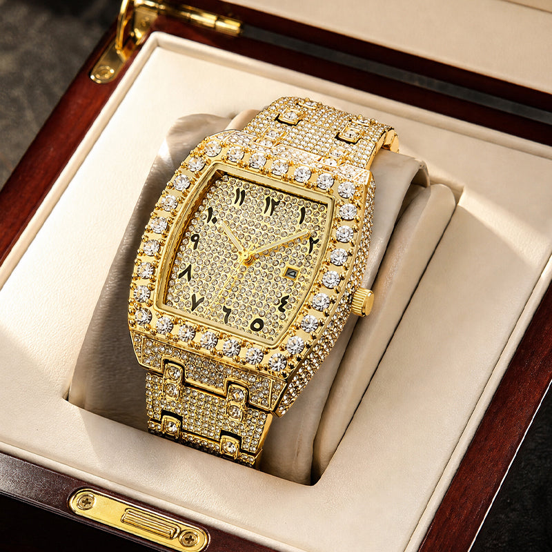 MISSFOX V386 Live Edition Men's Iced Out Watch - Luxury Large Crystal Bezel Tonneau Case Arabic Numerals Pave Gold Dial Date Window Metal Band Hiphop Wristwatch