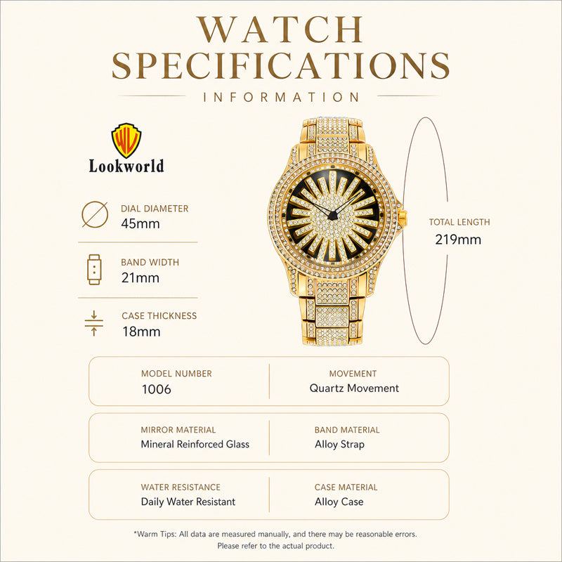 LOOK WORLD RKS1006 Live Edition Men's Iced Out Watch - Luxury Full Crystals Encrusted Bold Case Creative Spinning Sunburst Dial Metal Band Hiphop Wristwatch