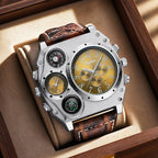 Oulm HP1349 Quartz Watch - Live Edition Men's Heavy Steampunk Dual Time Zone Industrial Matte Case Luminous Hands Compass Wide Leather Strap Tactical Wristwatch