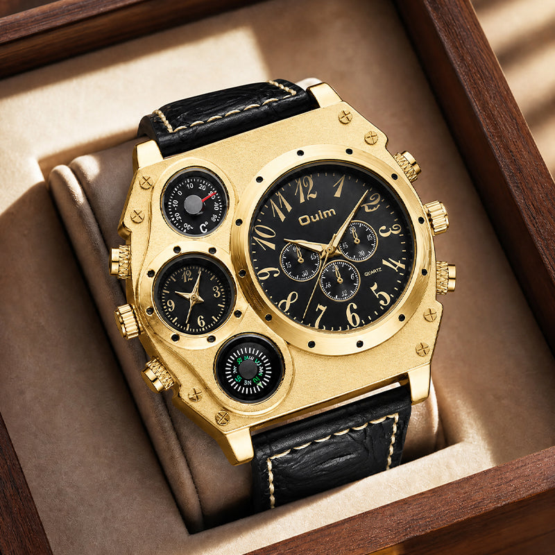Oulm HP1349 Quartz Watch - Live Edition Men's Heavy Steampunk Dual Time Zone Industrial Matte Case Luminous Hands Compass Wide Leather Strap Tactical Wristwatch