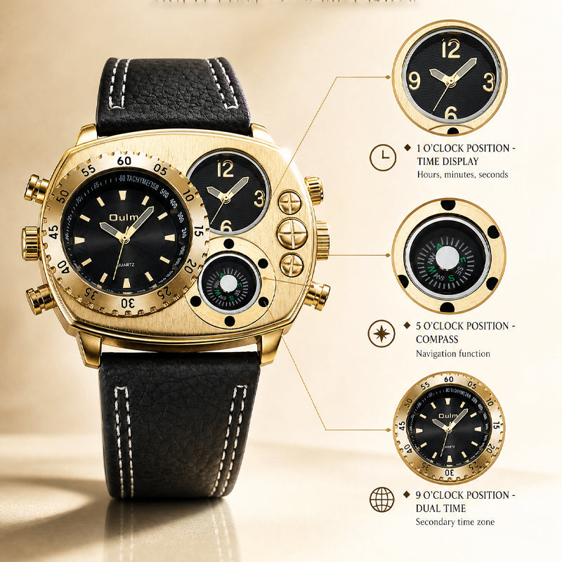 Oulm HP9865 Live Edition Men's Tactical Watch - Cyberpunk Multi Time Zone Dual Movement Armor Case with Built-in Compass Wide Strap Sport Wristwatch