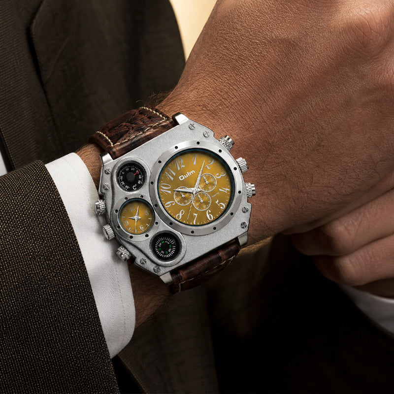 Oulm HP1349 Quartz Watch - Live Edition Men's Heavy Steampunk Dual Time Zone Industrial Matte Case Luminous Hands Compass Wide Leather Strap Tactical Wristwatch