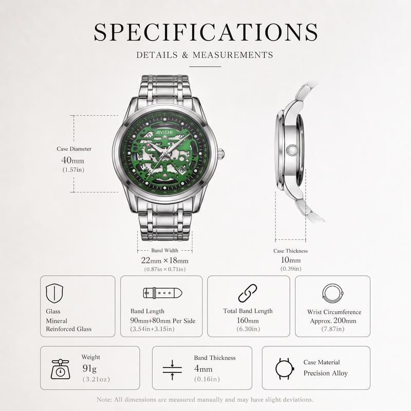 AIYISHI AYS2805G Live Edition Men's Skeleton Style Quartz Watch - 40mm Silver Case Tachymeter Bezel Date Window Metal Band Wristwatch