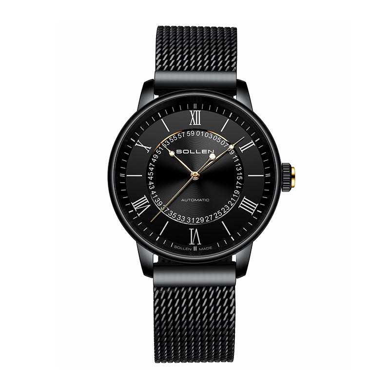 Sollen SL201 Men's Skeleton Automatic Mechanical Watch - 42mm Stainless Steel Case Double-Layer Dial Luminous Hands Mesh Bracelet Wristwatch