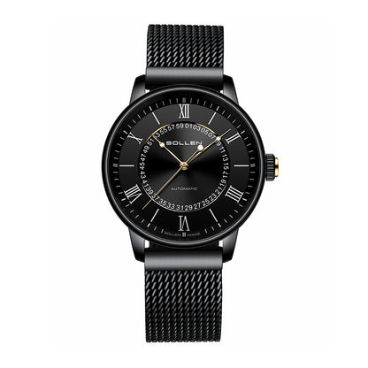 Sollen SL201 Men's Skeleton Automatic Mechanical Watch - 42mm Stainless Steel Case Double-Layer Dial Luminous Hands Mesh Bracelet Wristwatch
