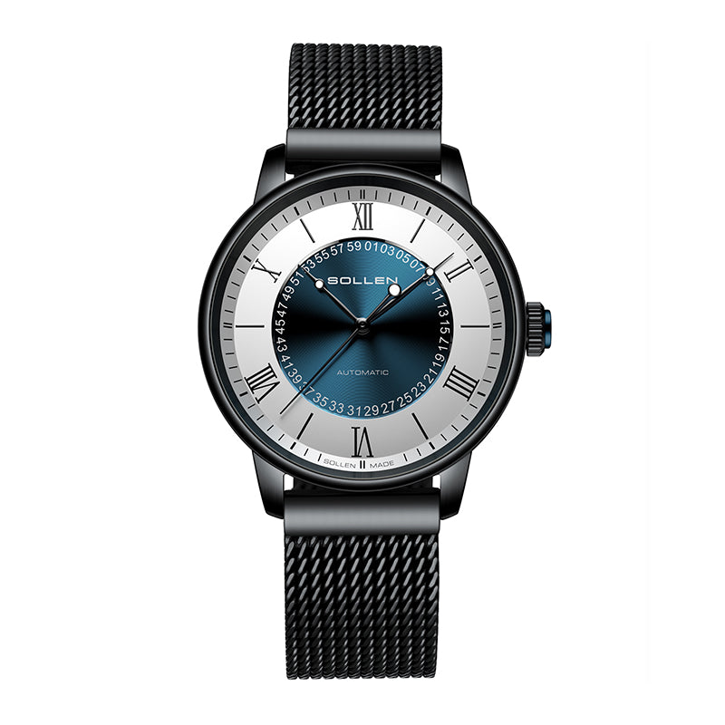 Sollen SL201 Men's Skeleton Automatic Mechanical Watch - 42mm Stainless Steel Case Double-Layer Dial Luminous Hands Mesh Bracelet Wristwatch
