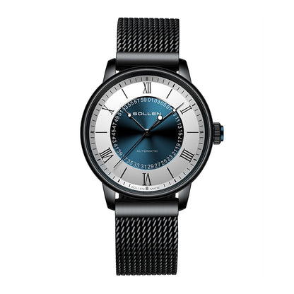 Sollen SL201 Men's Skeleton Automatic Mechanical Watch - 42mm Stainless Steel Case Double-Layer Dial Luminous Hands Mesh Bracelet Wristwatch