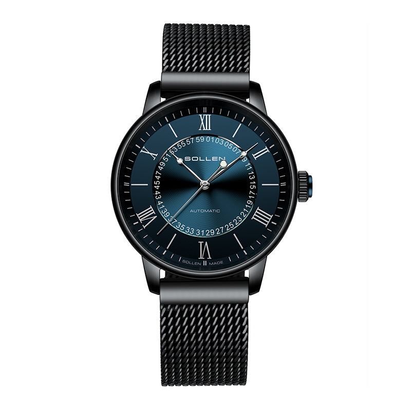 Sollen SL201 Men's Skeleton Automatic Mechanical Watch - 42mm Stainless Steel Case Double-Layer Dial Luminous Hands Mesh Bracelet Wristwatch