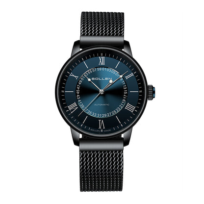 Sollen SL201 Men's Skeleton Automatic Mechanical Watch - 42mm Stainless Steel Case Double-Layer Dial Luminous Hands Mesh Bracelet Wristwatch